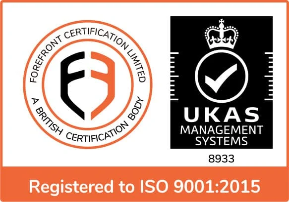Registered to ISO 9001:2015 — certification image from the original website